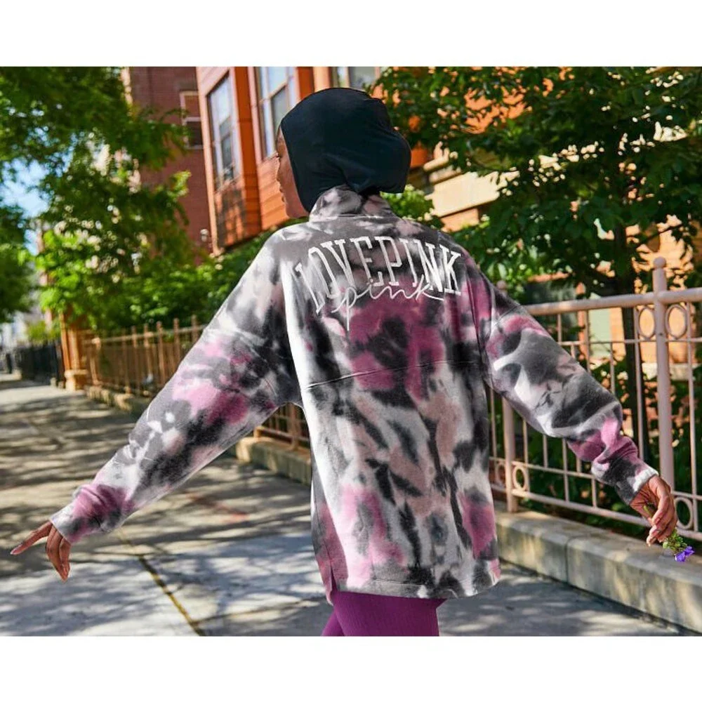 VS VICTORIAS SECRET PINK VARSITY HALF ZIP PULLOVER SWEATER JACKET TOP TIE DYE XS